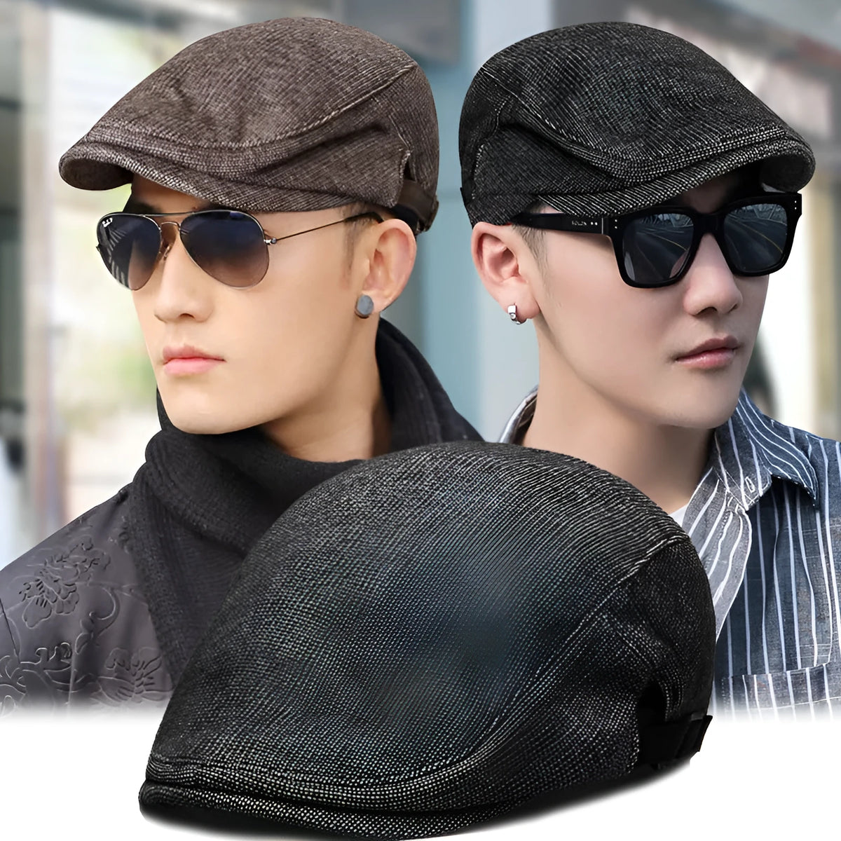Men's cotton linen blend beret in dome crown style, adjustable for head circumference 55-58cm