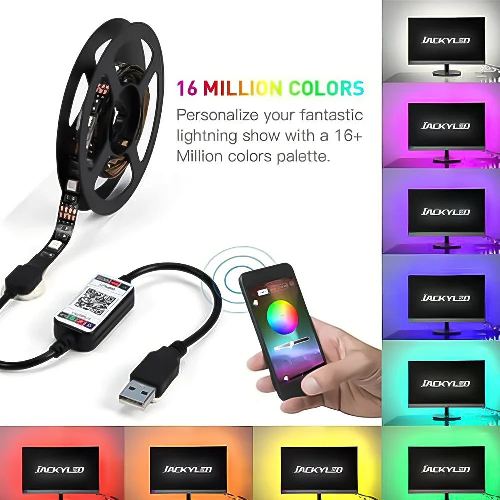 USB-powered Bluetooth RGB LED light strip with 30 LEDs per metre for TV backlighting, waterproof design, 1-5m options