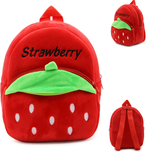 Children's strawberry print backpack with adjustable straps showing dimensions 23.5cm height by 21cm width