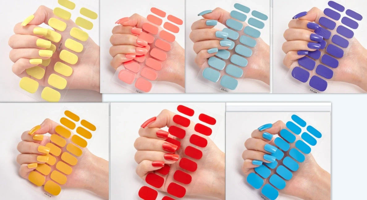 A collection of vibrant solid color nail art stickers in various designs