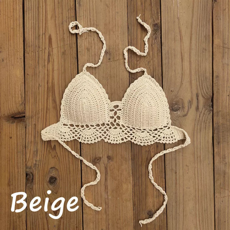 Boho crochet bra in various colors with backless design and chest pad