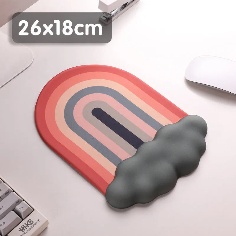 Silicone cloud pattern wrister mouse pad and matching keyboard support on a desk