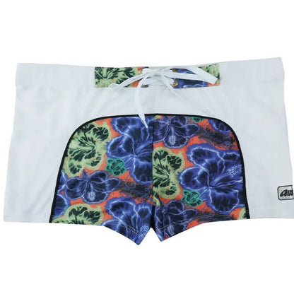 Men's nylon boxer shorts with floral and shark print designs showing deep purple, light purple, multicoloured options