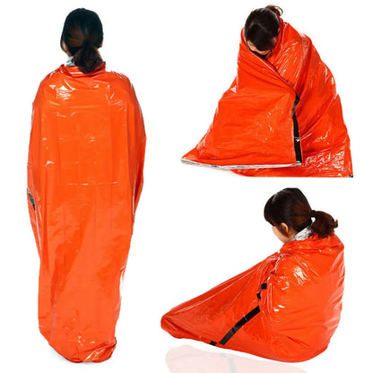 Reusable emergency sleeping bag in PE, 200cm x 90cm, waterproof thermal survival bivvy for camping and outdoor use.