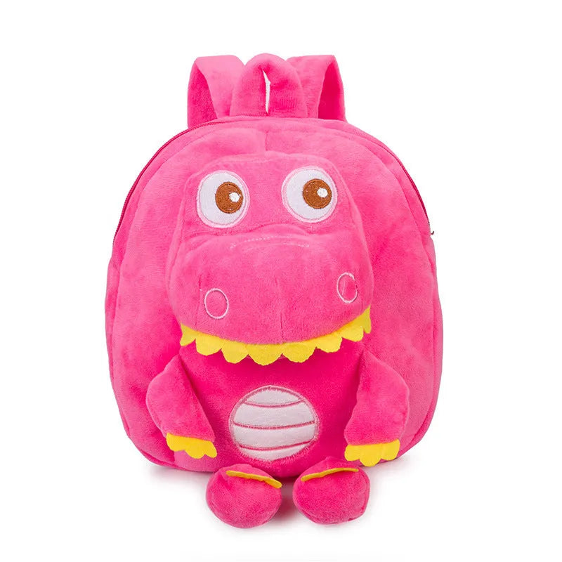Soft blue dinosaur plush backpack with embroidery detail and a soft handle.