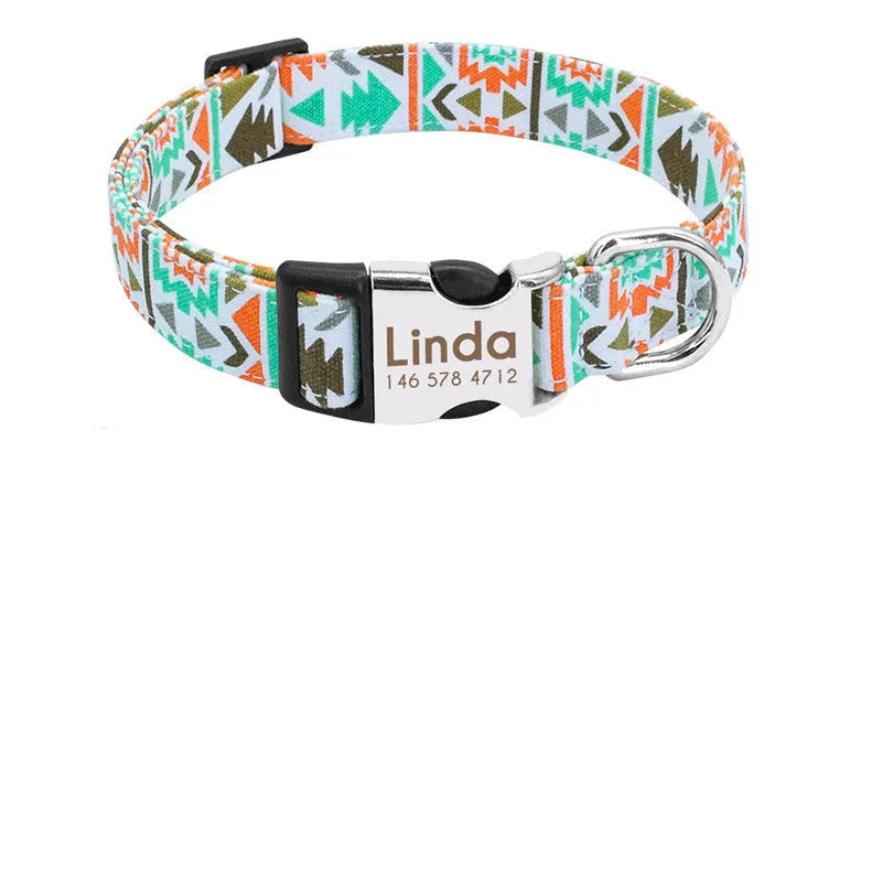 Reflective dog collar in orange or army green with wave point pattern, polyester and alloy metal, adjustable for small to large dogs