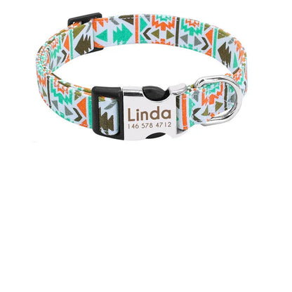 Reflective dog collar in orange or army green with wave point pattern, polyester and alloy metal, adjustable for small to large dogs
