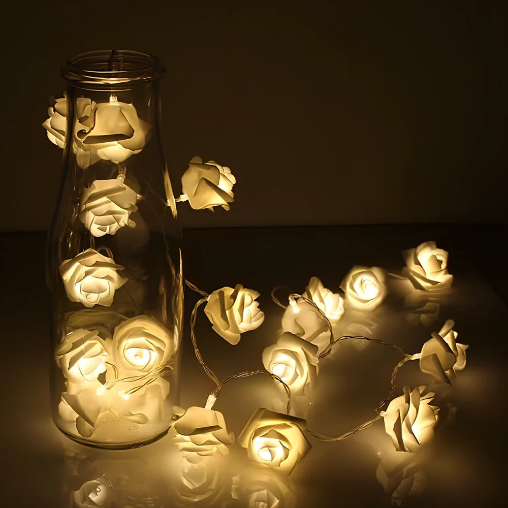 3-metre long battery-powered LED floral string lights with 20 white floral units on green plastic stems