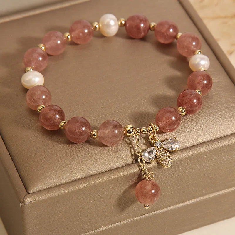 Freshwater pearl and strawberry quartz bracelet with zircon stones and alloy bead accents