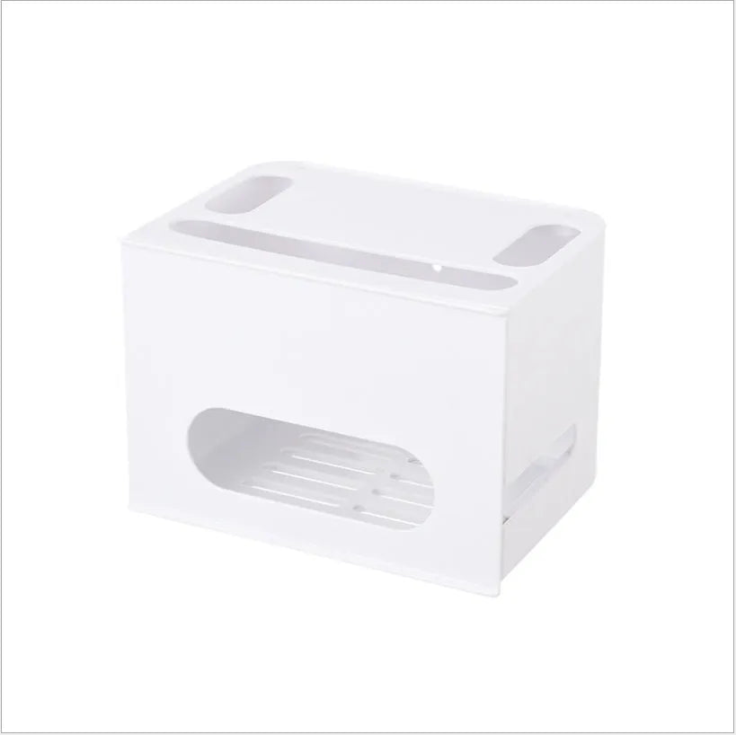 Grey and white plastic wireless router storage box with cable management compartment
