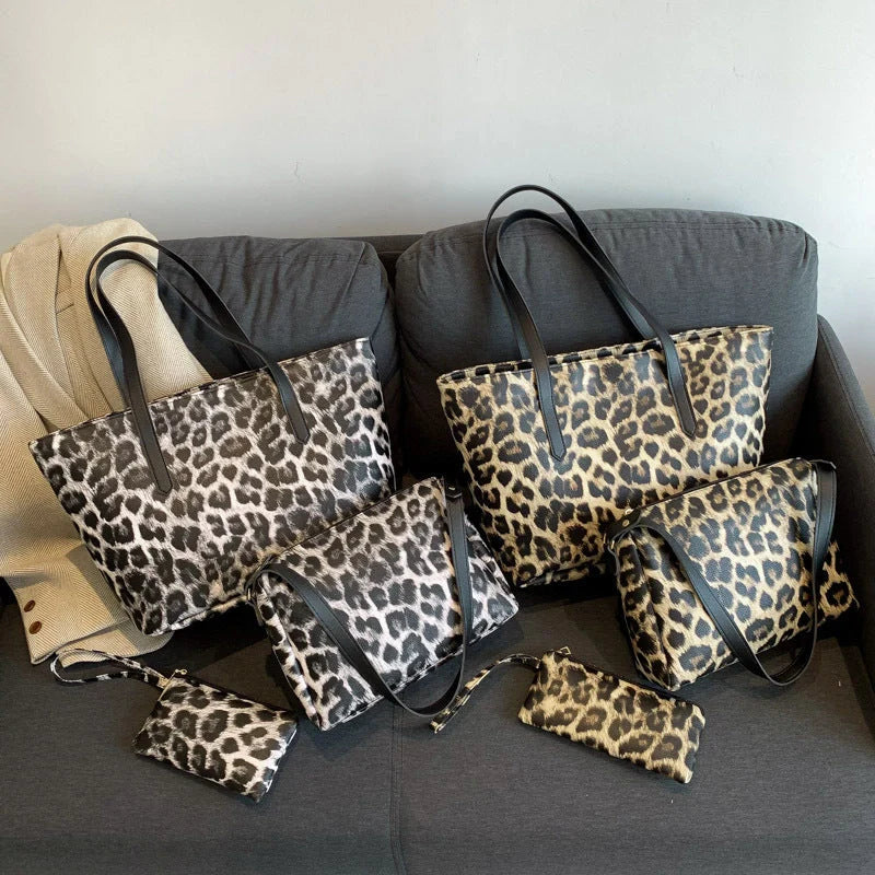 Leopard print tote set with multiple pockets and double shoulder straps