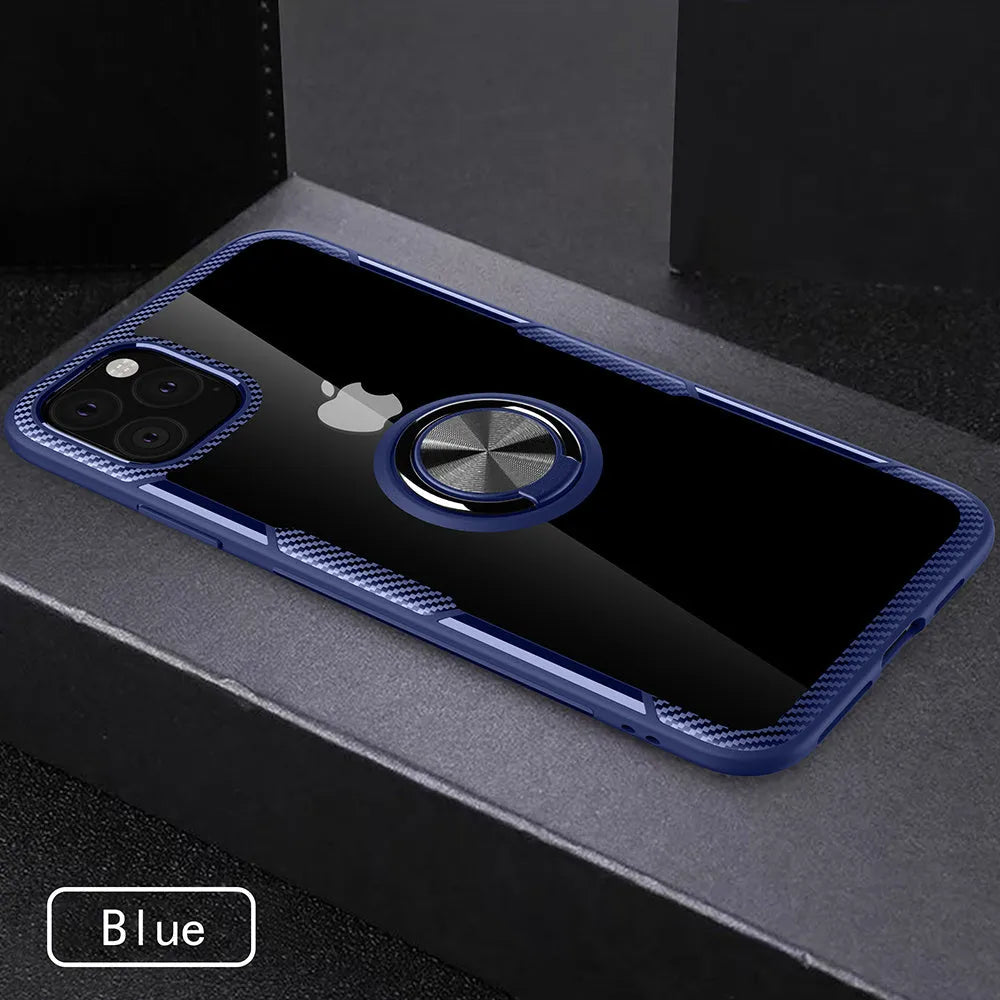 iPhone 11 Pro Max case with car holder arm in navy blue, showing PU material and button access.