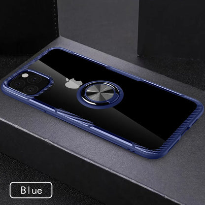 iPhone 11 Pro Max case with car holder arm in navy blue, showing PU material and button access.