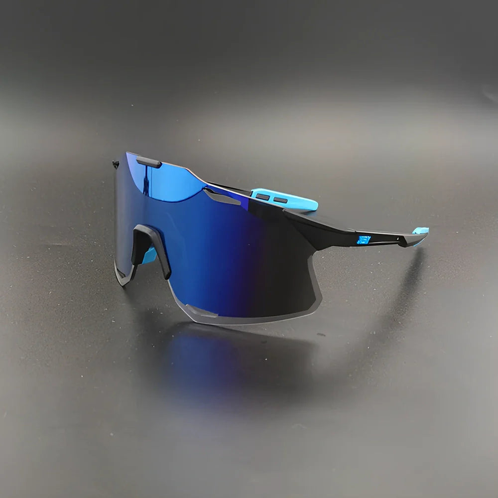 Cycling glasses with interchangeable lenses showing UV400 protection and lightweight frame design