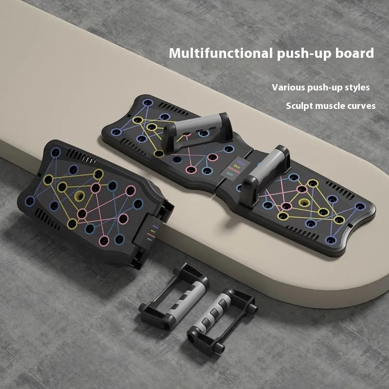 Set of black ABS plastic push up support plates on a floor, fitness equipment for chest and arm training.