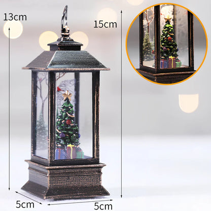 Compact 13cm Christmas LED flame small oil lamp in snowman motif on wooden shelf, square plastic base with flickering electronic light