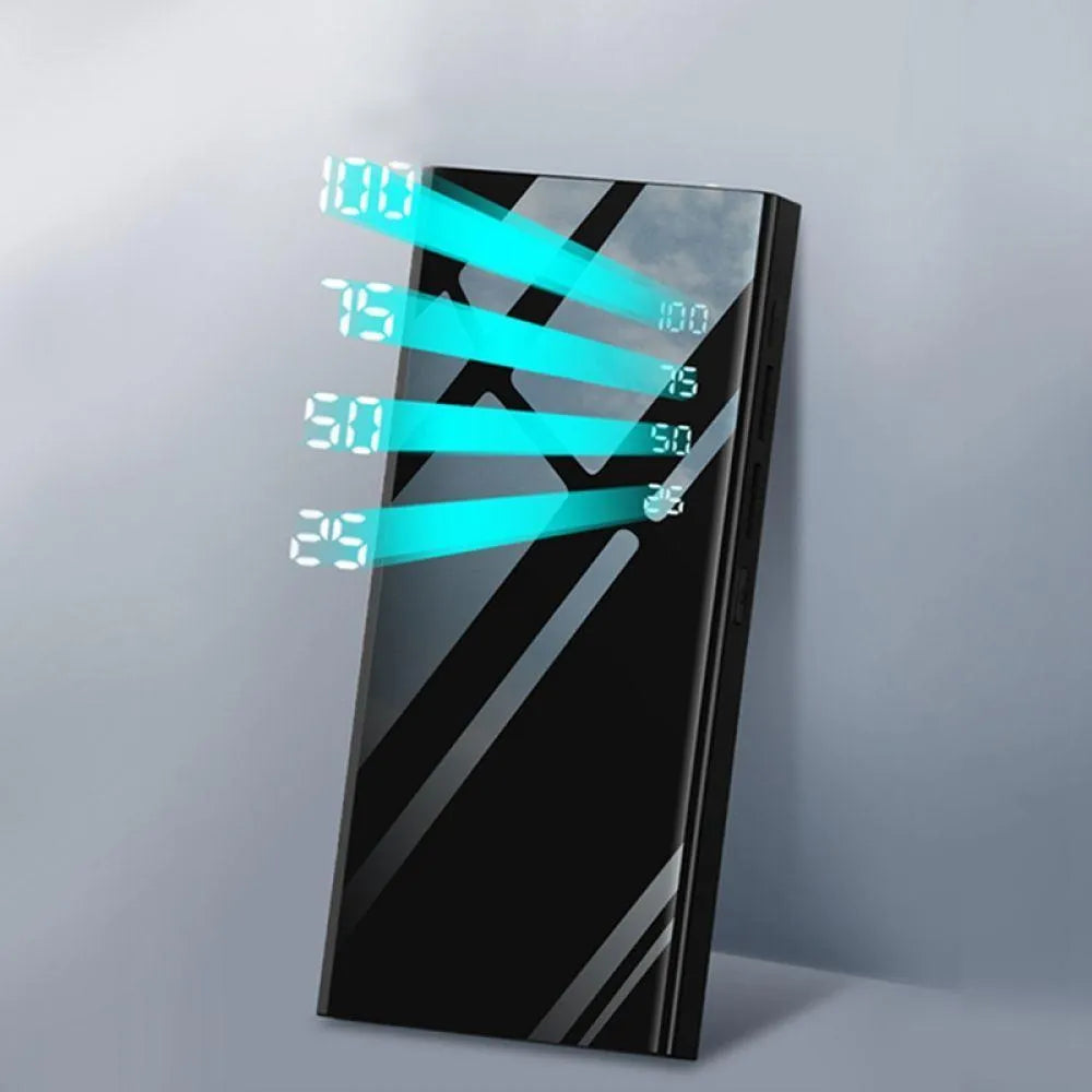 Black 20000mAh power bank with LCD display showing battery percentage and dual USB ports