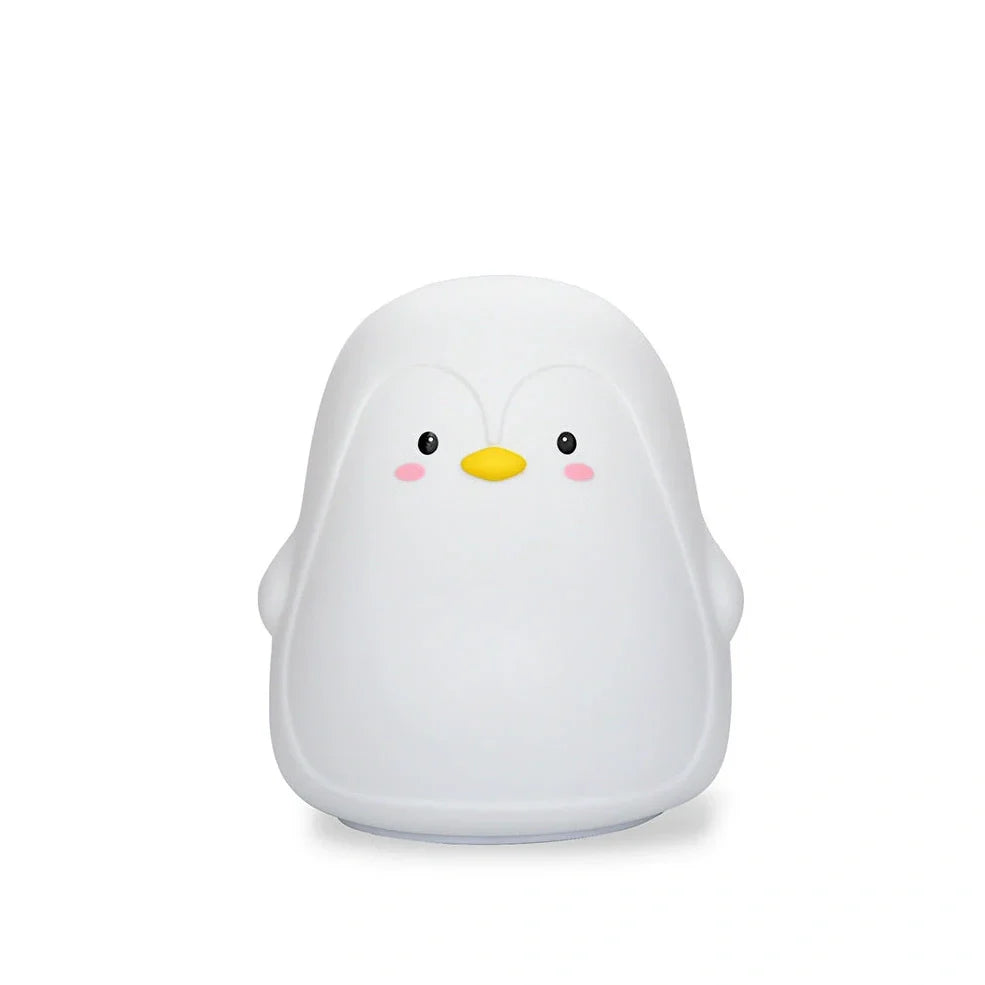 Penguin-shaped night light with soft white LED illumination and USB charging port