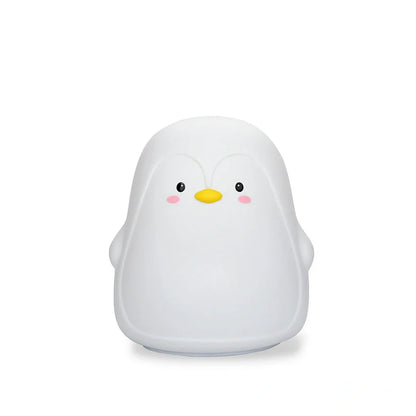 Penguin-shaped night light with soft white LED illumination and USB charging port