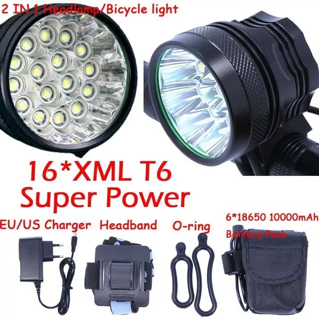 Sixteen Light Bicycle Headlight with 16 T6 lamp beads and 250-meter range in red, blue, or black