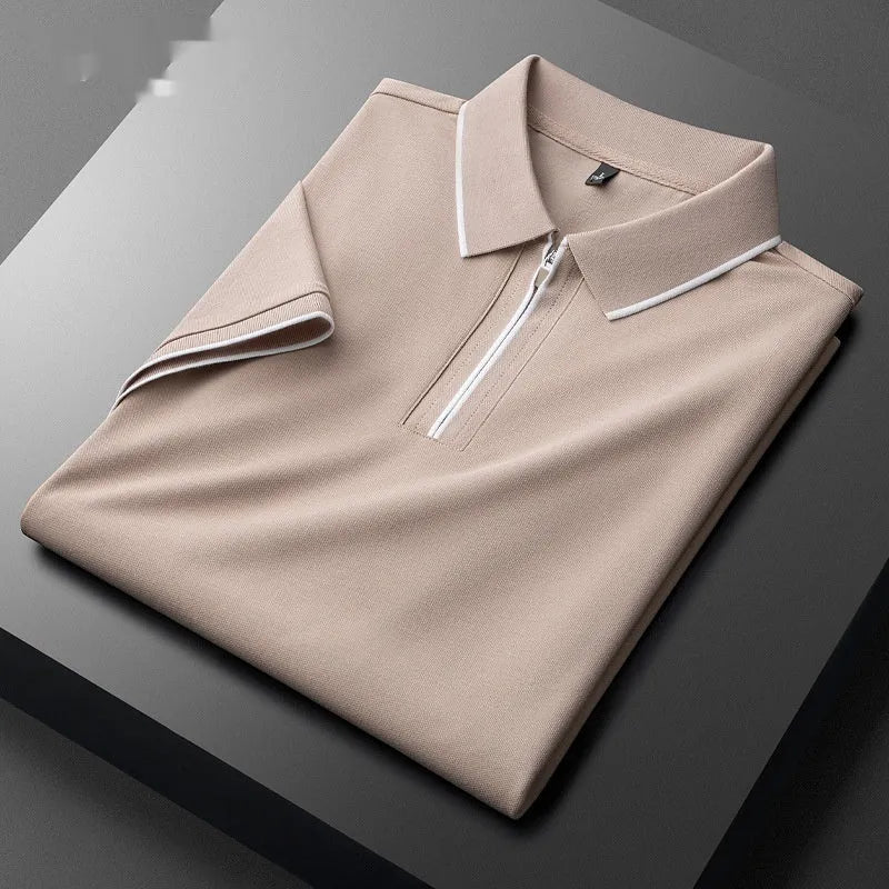 Men's slim fit lapel collar short sleeve casual shirt in a cotton blend fabric