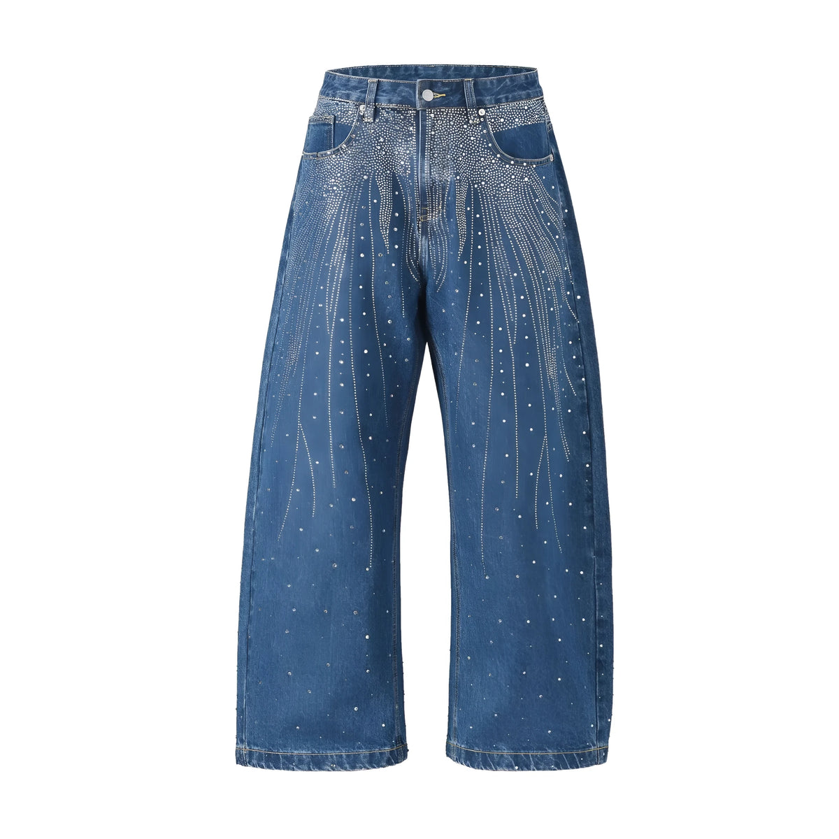 A pair of loose-fitting wide-leg casual trousers in blue on a mannequin.