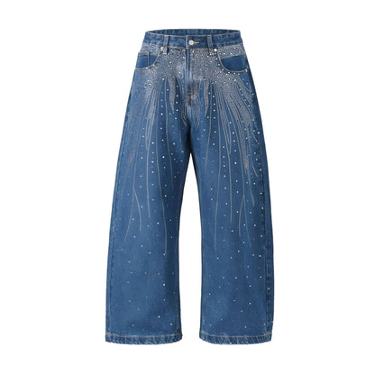 A pair of loose-fitting wide-leg casual trousers in blue on a mannequin.