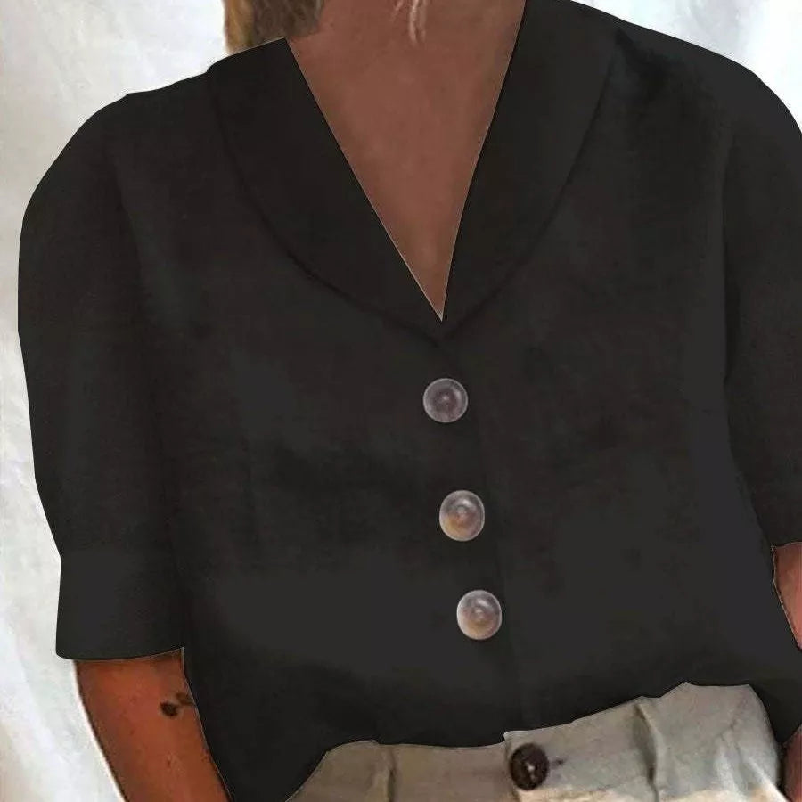 Women's V-neck casual button blouse with 3D effect pattern in various colors