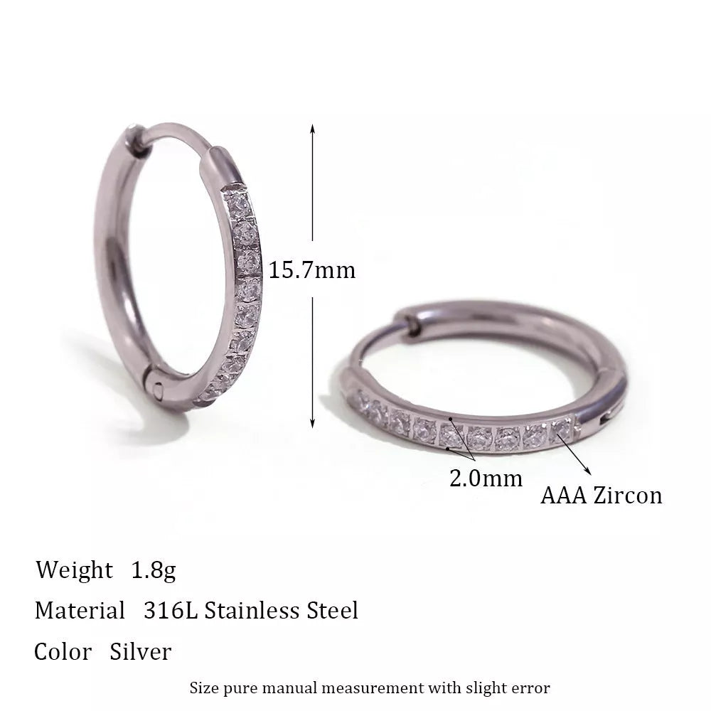 Women's titanium steel rounded edge zircon earrings in gold and steel finishes, sizes 10mm to 16mm