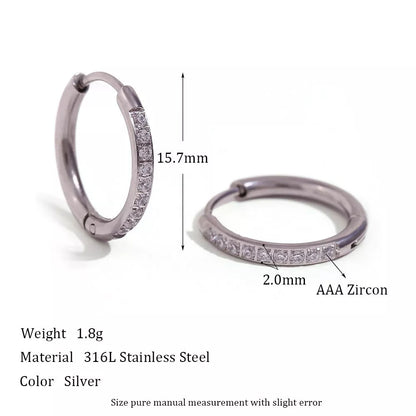Women's titanium steel rounded edge zircon earrings in gold and steel finishes, sizes 10mm to 16mm