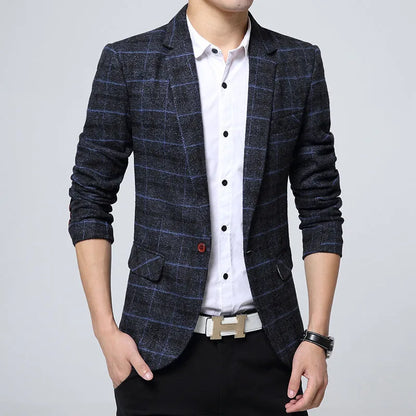 Men's casual polyester blazer in grey, khaki, or navy blue, sizes M to 3XL with detailed size chart