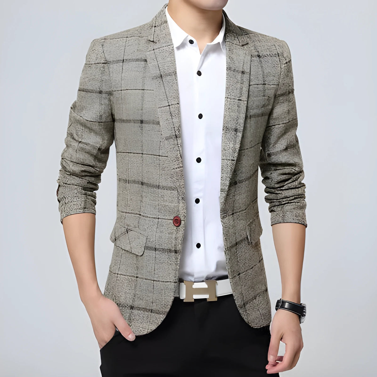 Men's casual polyester blazer in grey, khaki, or navy blue, sizes M to 3XL with detailed size chart