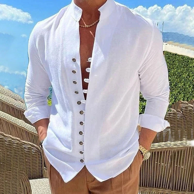 Retro-inspired button-down long-sleeve casual shirt in a variety of classic colors for men