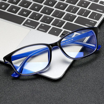 Anti-radiation glasses with PC full frame, flat mirror lenses, unisex anti-blue light design, available in blue, grey, and red.
