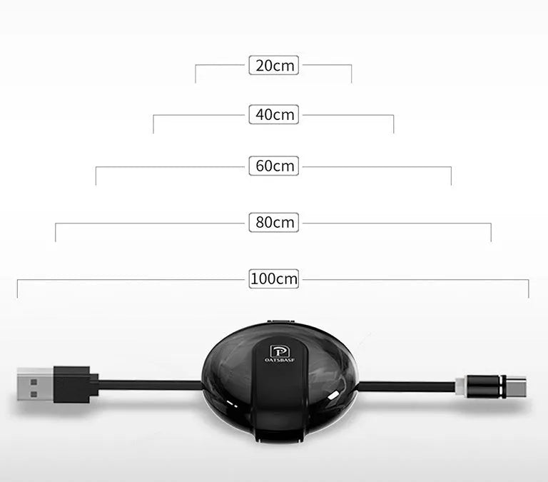 Black 3-in-1 magnetic retractable car phone charger with three charging plugs and magnetic patch