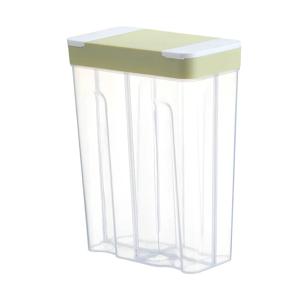Clear plastic food storage box with measuring scale and blue lid