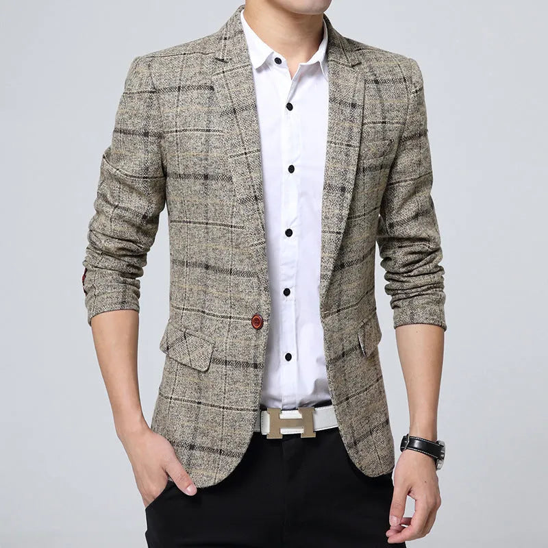 Men's casual polyester blazer in grey, khaki, or navy blue, sizes M to 3XL with detailed size chart