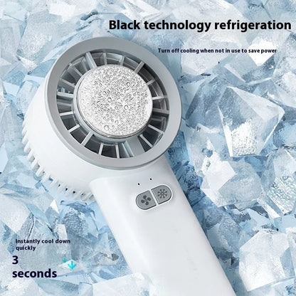 White handheld portable fan with turbo jet design and ice cooling function.