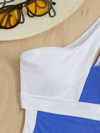 Ladies one piece swimsuit with blue and white colorblock design