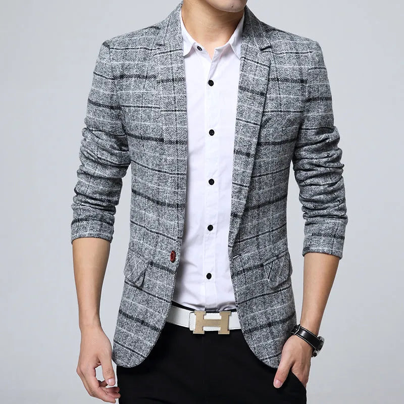 Men's casual polyester blazer in grey, khaki, or navy blue, sizes M to 3XL with detailed size chart