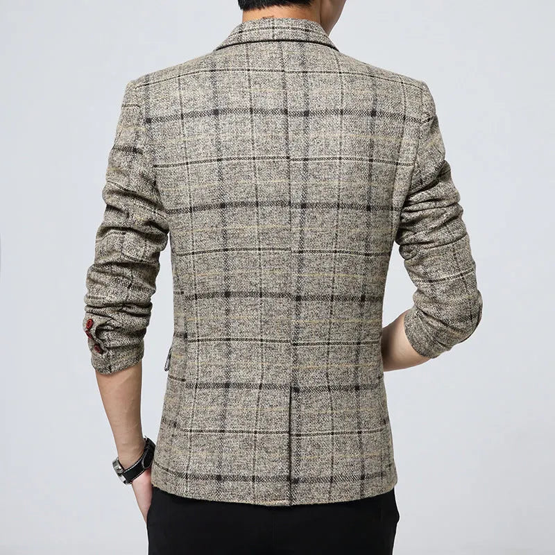 Men's casual polyester blazer in grey, khaki, or navy blue, sizes M to 3XL with detailed size chart