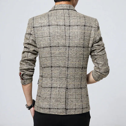Men's casual polyester blazer in grey, khaki, or navy blue, sizes M to 3XL with detailed size chart