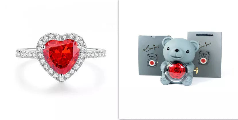 Eternal Rose Teddy Bear Jewelry Box with rotating drawer and preserved rose