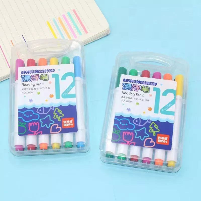 Children's Magic Water Floating Pen set with 12 vibrant, erasable colors in a durable PVC box