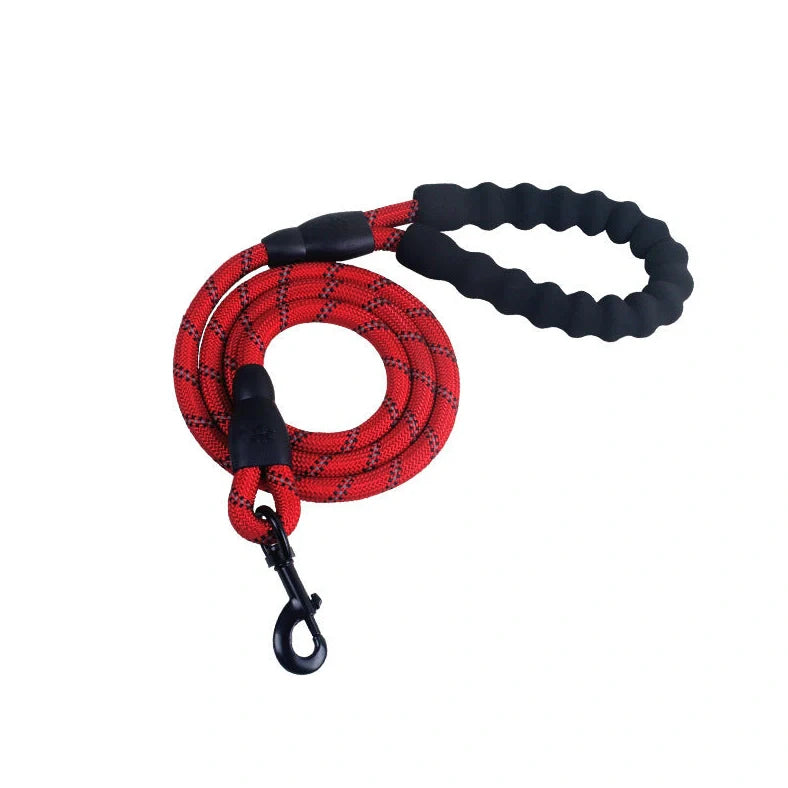 Reflective dog leash with foam handle showing 1.5m length and zinc alloy hook
