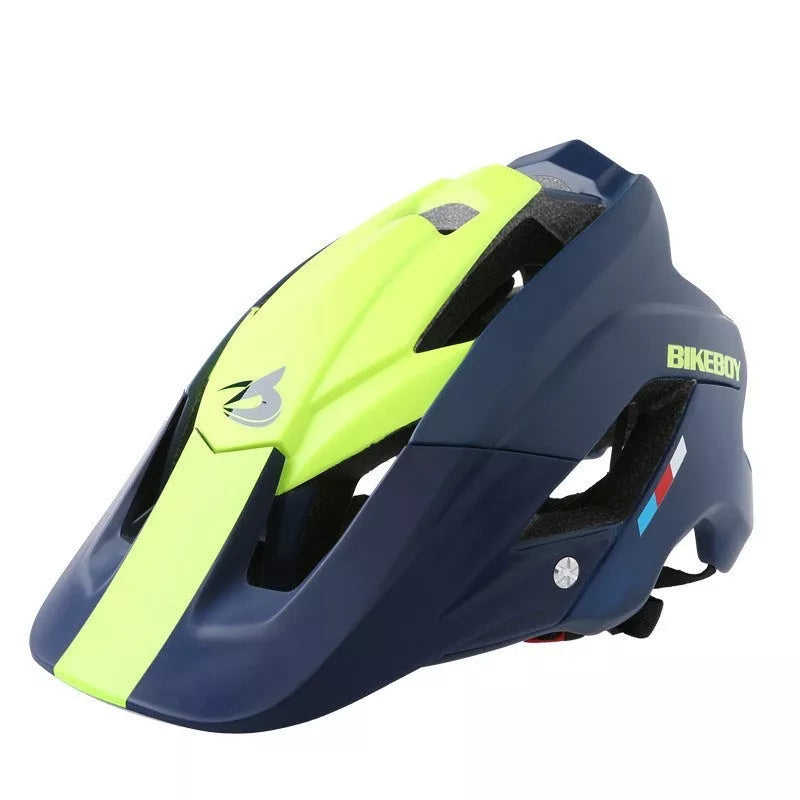 Adult mountain bike helmet in blue yellow, black, and black red yellow options