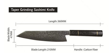 Premium 67-layer Damascus steel chef's knife with elegant brocade pattern, durable corrosion-resistant construction, and ergonomic handle for exceptional cutting performance