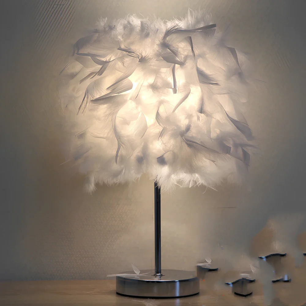 Feather night light with fur shade showing push-button switch and LED illumination in pink colour option