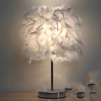 Feather night light with fur shade showing push-button switch and LED illumination in pink colour option