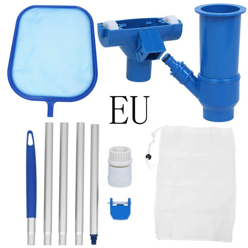 Swimming pool cleaning tool set with fine mesh head, ABS tubes, and connectors for debris removal